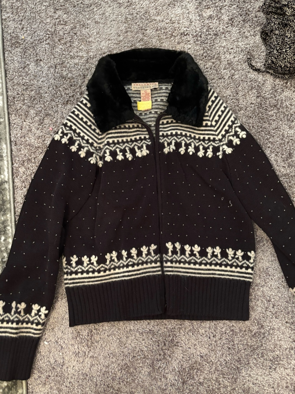 Black Zip-Up Nordic Knit Cardigan with Faux Fur Collar